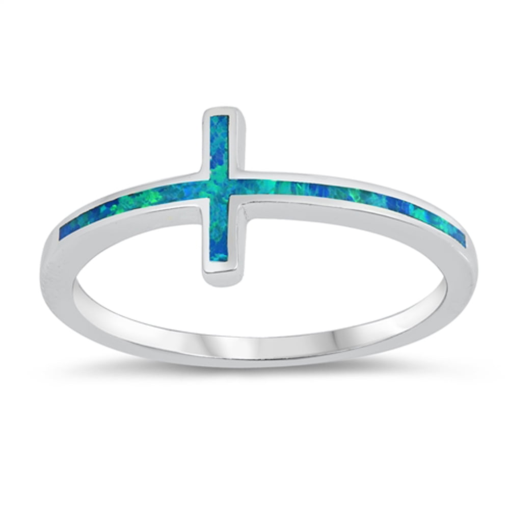 Sterling Silver Open Cross Ring With Blue Opal & White CZ – Size 7, .925 Silver