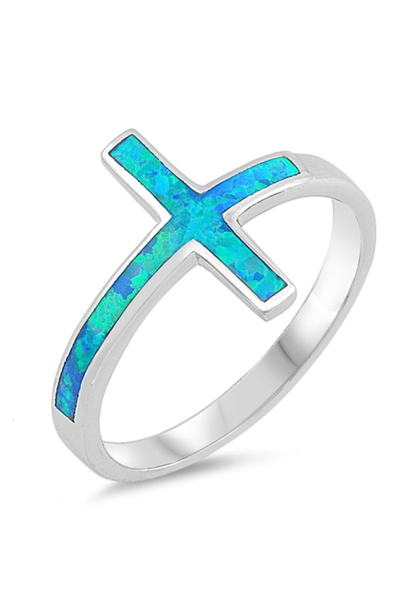 CHOOSE YOUR COLOR Blue Simulated Opal Sideways Cross Religious Thumb Ring 925 Sterling Silver CZ Female Size 4