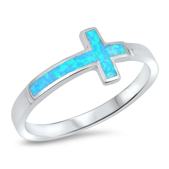 CHOOSE YOUR COLOR Blue Simulated Opal Sideways Cross Ring .925 Sterling Silver Christian Band CZ Female Size 9