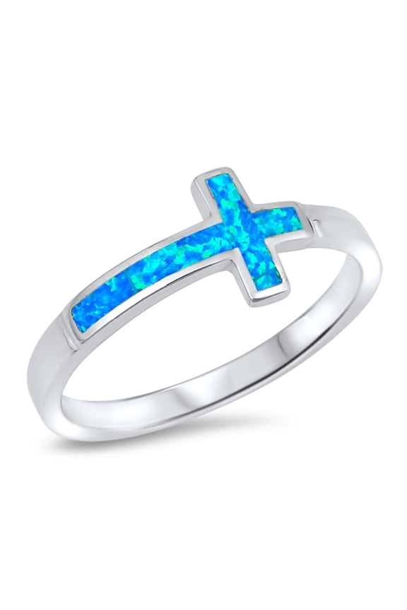 CHOOSE YOUR COLOR Blue Simulated Opal Sideways Cross Ring .925 Sterling Silver Love Band CZ Female Size 11