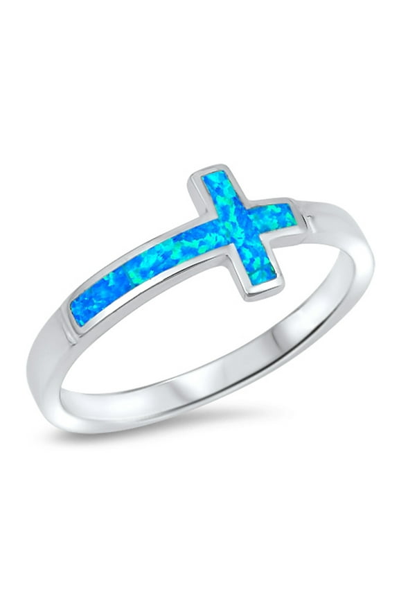 CHOOSE YOUR COLOR Blue Simulated Opal Sideways Cross Ring .925 Sterling Silver Love Band CZ Female Size 6
