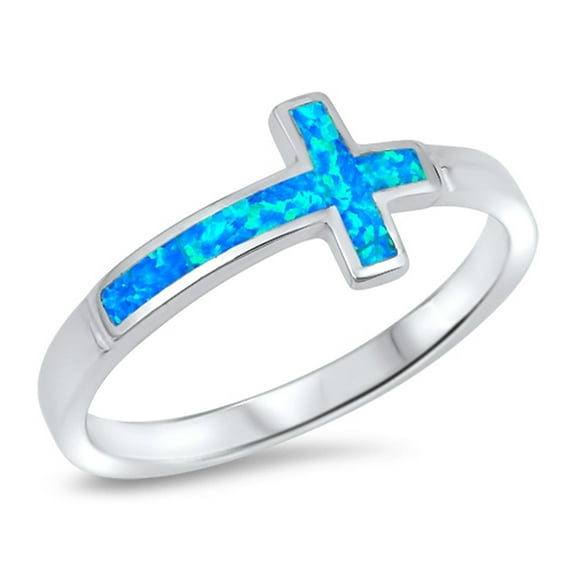 CHOOSE YOUR COLOR Blue Simulated Opal Sideways Cross Ring .925 Sterling Silver Love Band CZ Female Size 9