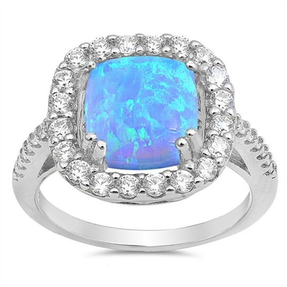 CHOOSE YOUR COLOR Blue Simulated Opal Smooth Cap Halo Ring .925 Sterling Silver Band White CZ Female Size 5