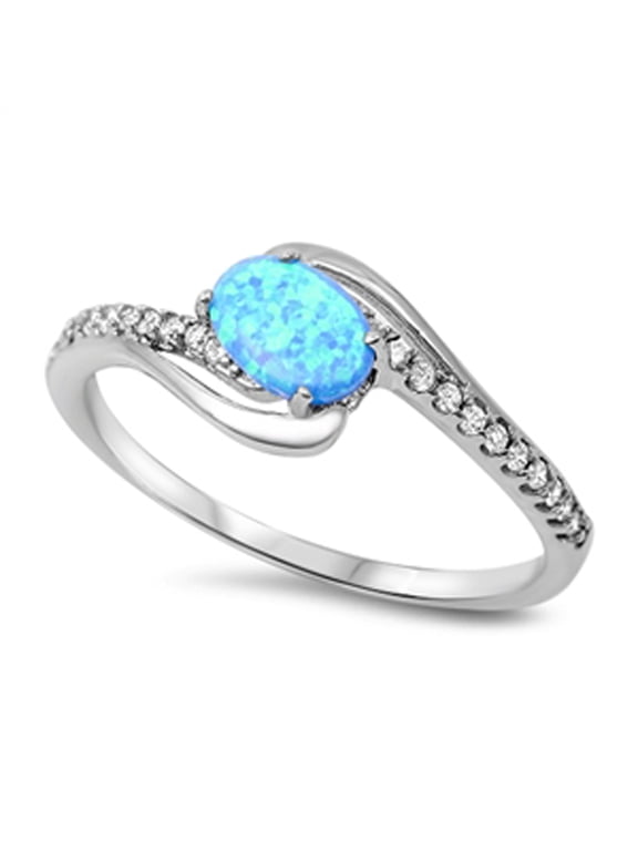 CHOOSE YOUR COLOR Blue Simulated Opal Solitaire Ring .925 Sterling Silver Band White CZ Female Size 11