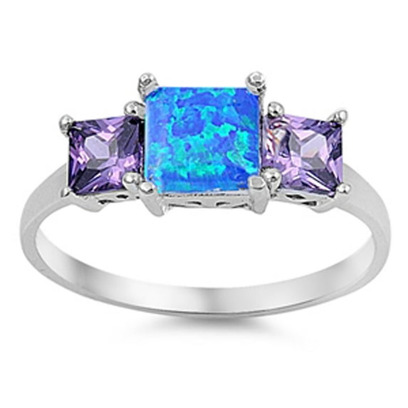 CHOOSE YOUR COLOR Blue Simulated Opal Square Solitaire Ring .925 Sterling Silver Band Purple CZ Female Size 9