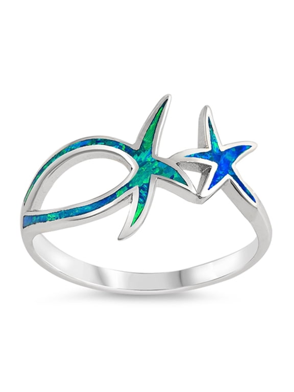 CHOOSE YOUR COLOR Blue Simulated Opal Starfish Ocean Animal Midi Ring Sterling Silver Band CZ Female Size 9