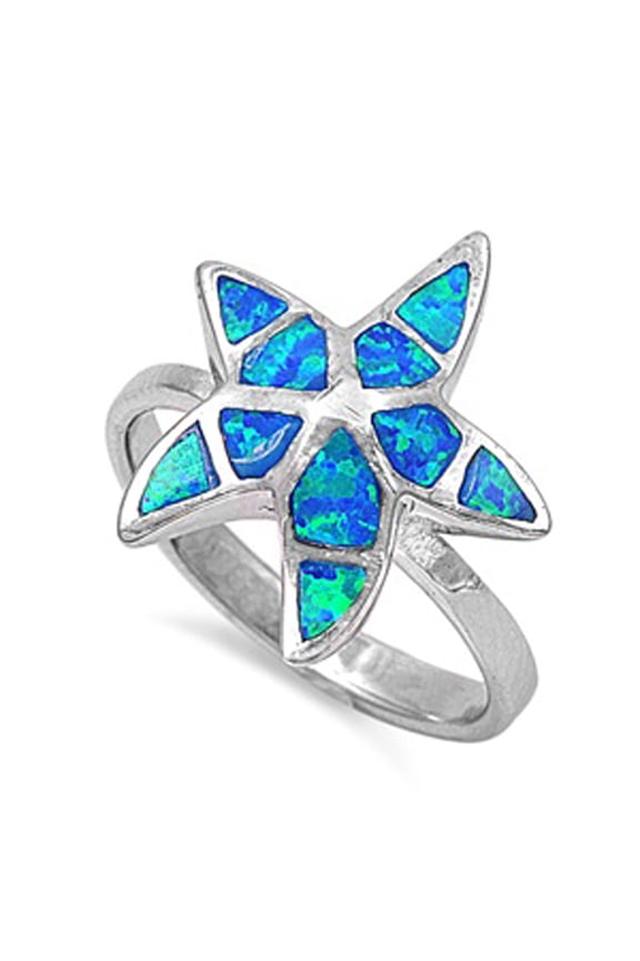 CHOOSE YOUR COLOR Blue Simulated Opal Starfish Ocean Ring .925 Sterling Silver Band CZ Female Size 10