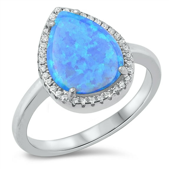 CHOOSE YOUR COLOR Blue Simulated Opal Studded Halo Teardrop Ring .925 Sterling Silver CZ Female Size 8