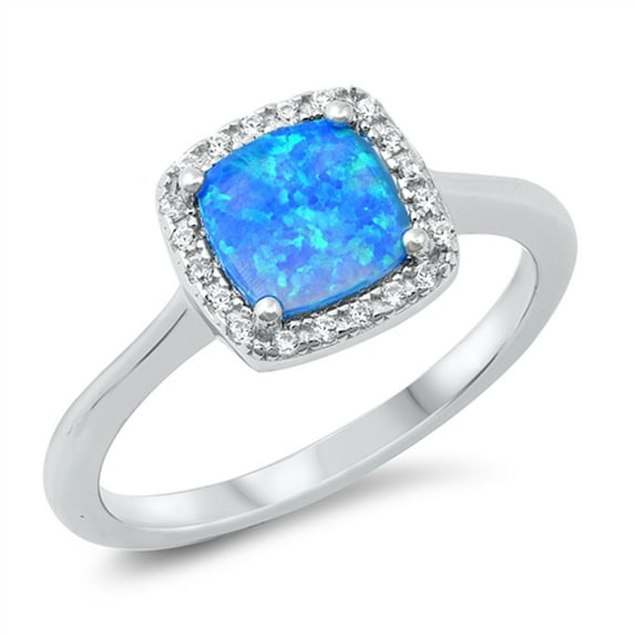 CHOOSE YOUR COLOR Blue Simulated Opal Studded Square Halo Ring .925 Sterling Silver Band CZ Female Size 5