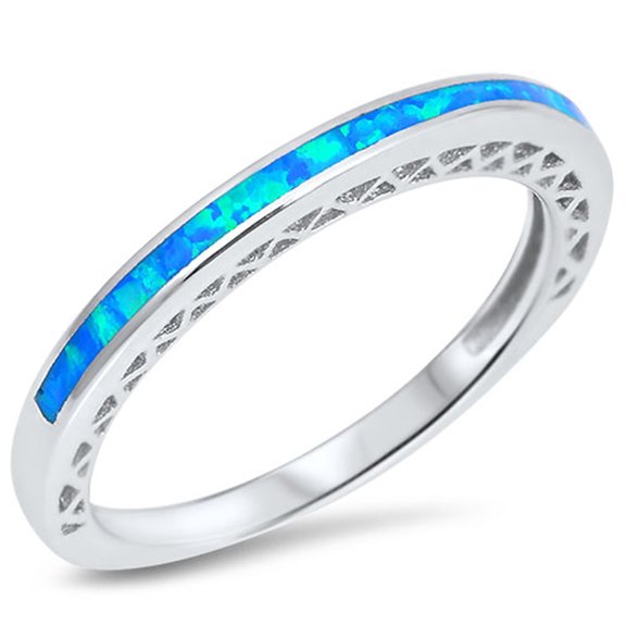 CHOOSE YOUR COLOR Blue Simulated Opal Thin Wedding Ring .925 Sterling Silver Band CZ Female Size 6