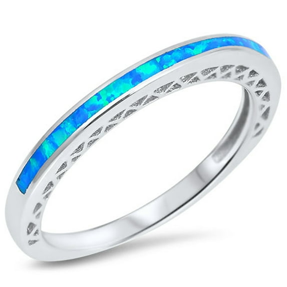 CHOOSE YOUR COLOR Blue Simulated Opal Thin Wedding Ring .925 Sterling Silver Band CZ Female Size 7