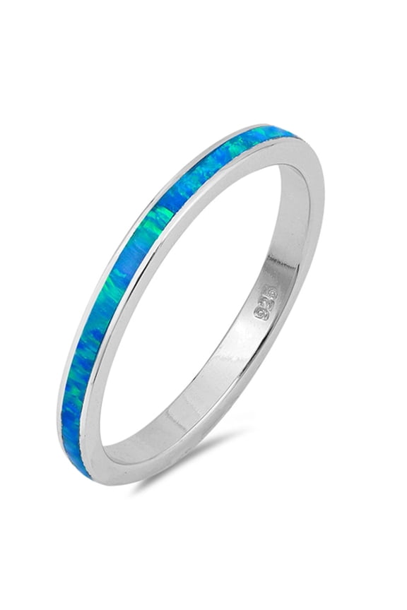 CHOOSE YOUR COLOR Blue Simulated Opal Thin Wedding Ring .925 Sterling Silver Band CZ Female Size 7