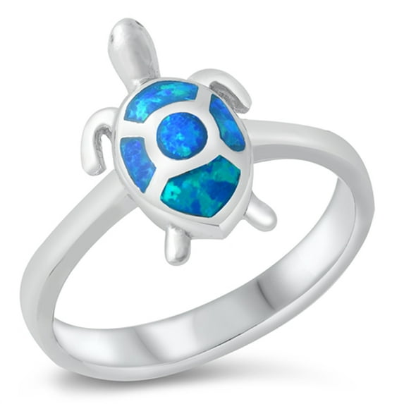 CHOOSE YOUR COLOR Blue Simulated Opal Tiny Turtle Ring .925 Sterling Silver Band CZ Female Size 6