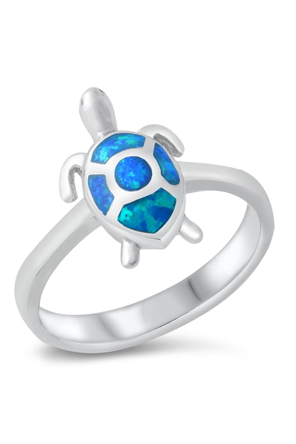 CHOOSE YOUR COLOR Blue Simulated Opal Tiny Turtle Ring .925 Sterling Silver Band CZ Female Size 8