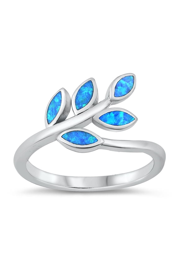 CHOOSE YOUR COLOR Blue Simulated Opal Tree Branch Leaf Ring .925 Sterling Silver Band CZ Female Size 9
