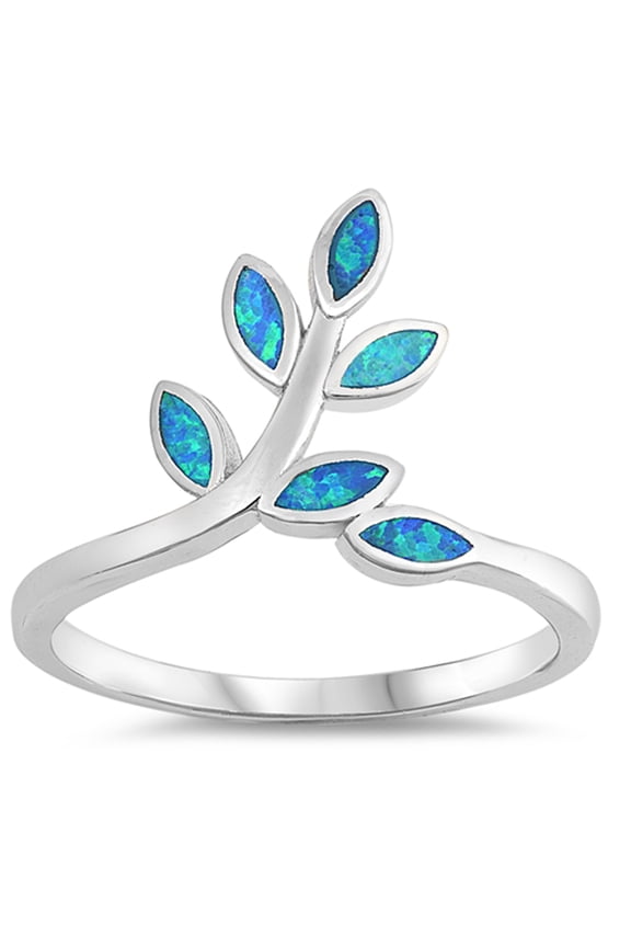 CHOOSE YOUR COLOR Blue Simulated Opal Vine Branch Tree Leaf Ring 925 Sterling Silver Band CZ Female Size 6