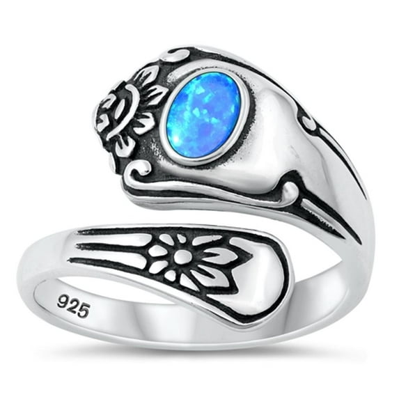 CHOOSE YOUR COLOR Blue Simulated Opal Vintage Spoon Ring 925 Sterling Silver Band CZ Female Size 8