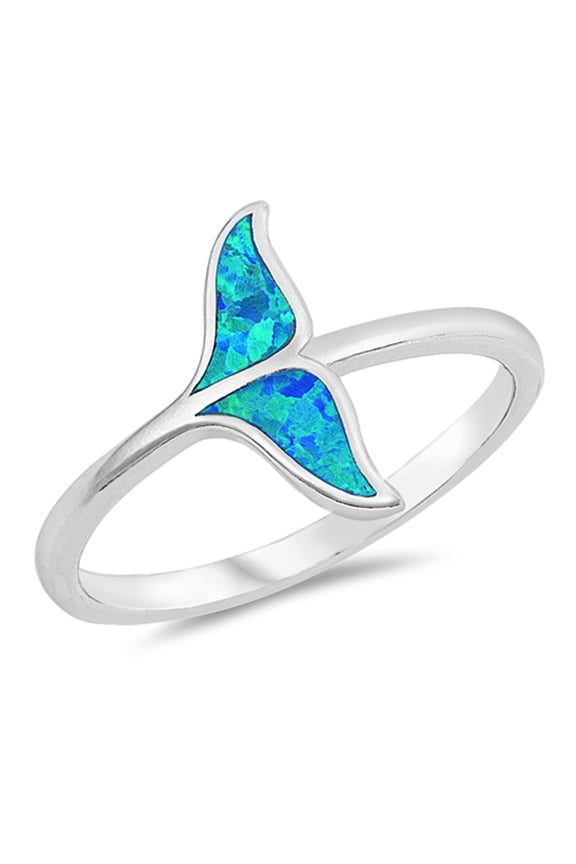 CHOOSE YOUR COLOR Blue Simulated Opal Whale Tail Ocean Animal Ring Sterling Silver Band CZ Female Size 6
