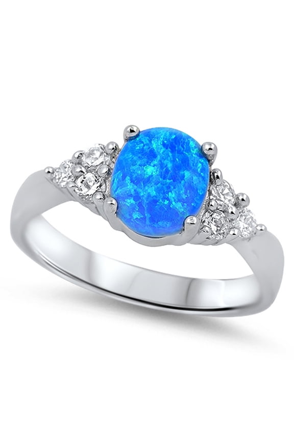CHOOSE YOUR COLOR Blue Simulated Opal White CZ Elegant Ring .925 Sterling Silver Female Size 5