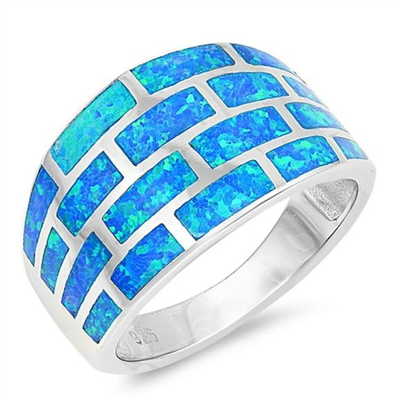 CHOOSE YOUR COLOR Blue Simulated Opal Wide Geometric Statement Ring .925 Sterling Silver Band CZ Female Size 5
