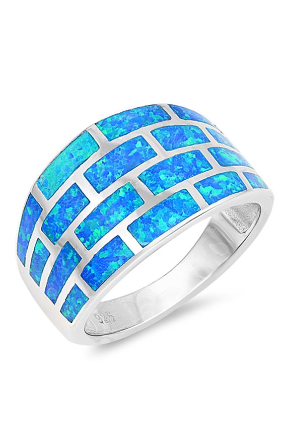 CHOOSE YOUR COLOR Blue Simulated Opal Wide Geometric Statement Ring .925 Sterling Silver Band CZ Female Size 6