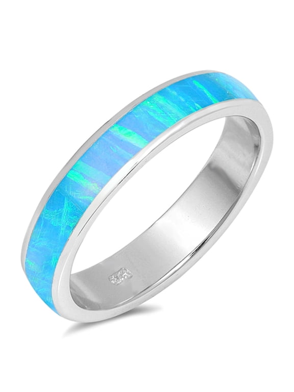 CHOOSE YOUR COLOR Blue Simulated Opal Wide Men's Wedding Ring .925 Sterling Silver Band CZ Female Size 6