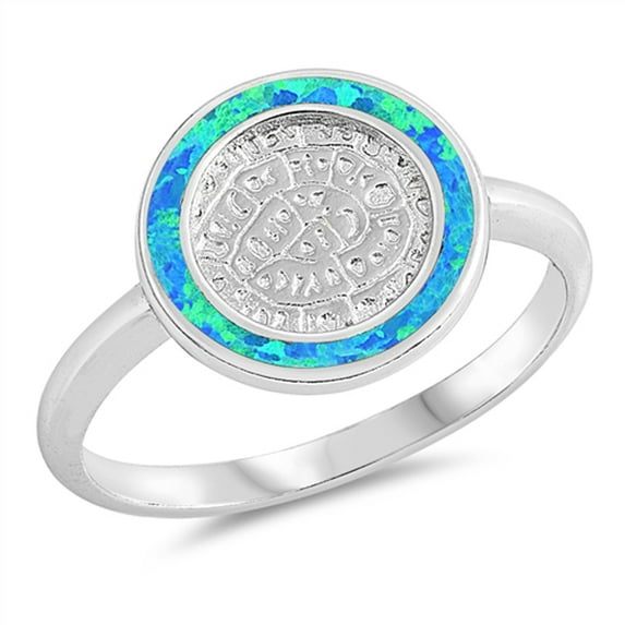 CHOOSE YOUR COLOR Blue Simulated Opal Wide Round Inlay Ring 925 Sterling Silver Band CZ Female Size 8