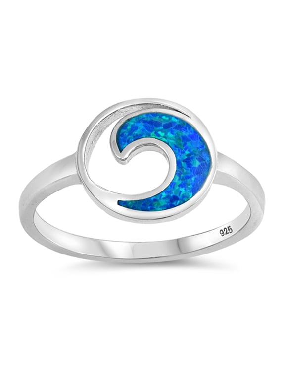 CHOOSE YOUR COLOR Blue Simulated Opal Yin Yang Wave Circle Ring .925 Sterling Silver Band CZ Female Size 8
