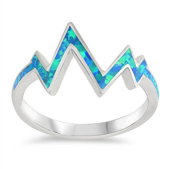 CHOOSE YOUR COLOR Blue Simulated Opal Zig Zag Heartbeat EKG Pulse Ring Sterling Silver Band CZ Female Size 8