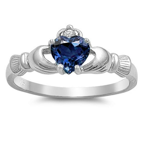CHOOSE YOUR COLOR Blue Simulated Sapphire Claddagh Friendship Ring .925 Sterling Silver Band CZ Female Size 8