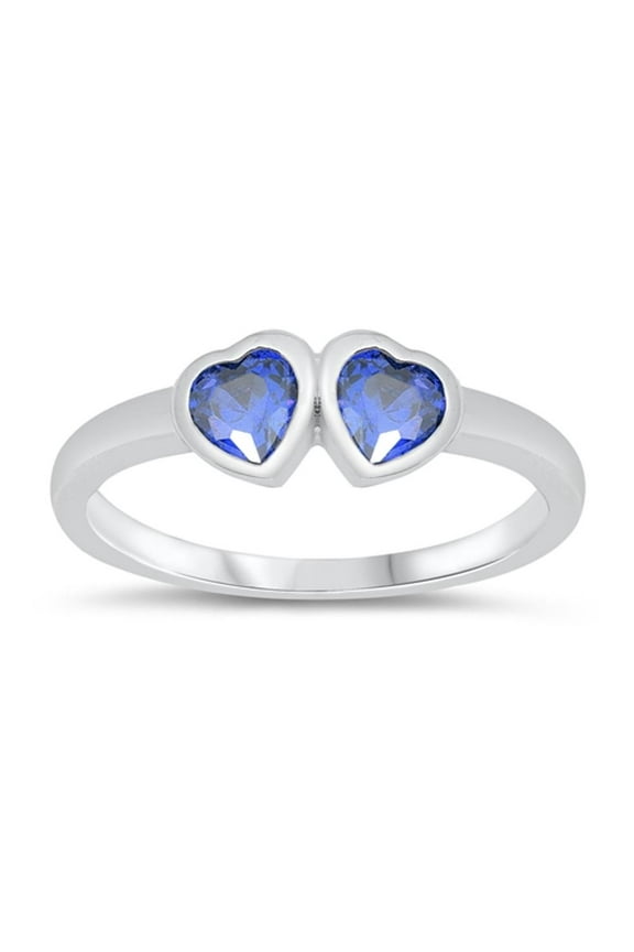 CHOOSE YOUR COLOR Blue Simulated Sapphire Double Love Heart Promise Sterling Silver Ring CZ Female Size 1.5