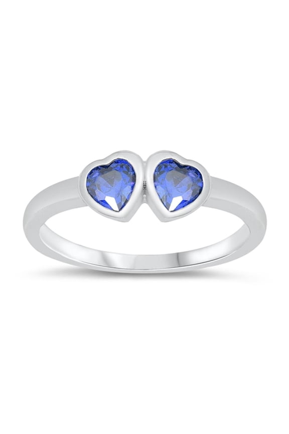 CHOOSE YOUR COLOR Blue Simulated Sapphire Double Love Heart Promise Sterling Silver Ring CZ Female Size 5