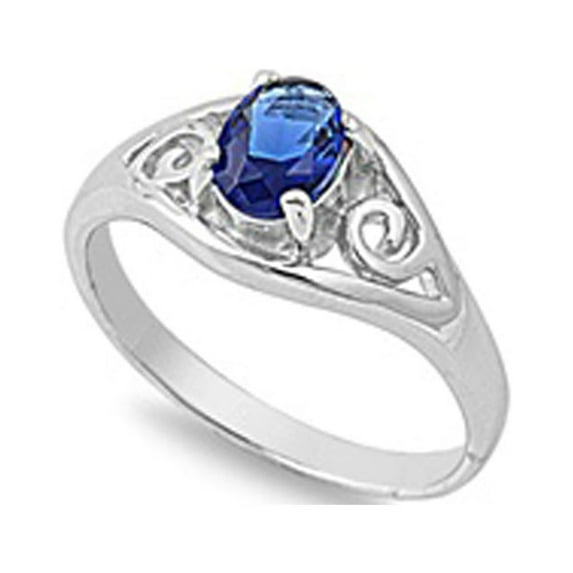 CHOOSE YOUR COLOR Blue Simulated Sapphire Filigree Swirl Shine Ring .925 Sterling Silver Band CZ Female Size 9