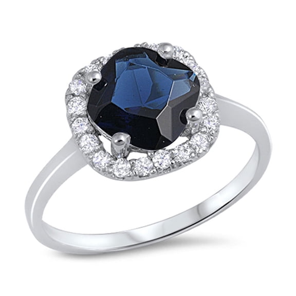 CHOOSE YOUR COLOR Blue Simulated Sapphire Halo Elegant Ring .925 Sterling Silver Band CZ Female Size 7