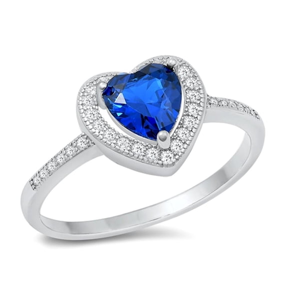 CHOOSE YOUR COLOR Blue Simulated Sapphire Halo Heart Ring .925 Sterling Silver Band CZ Female Size 5