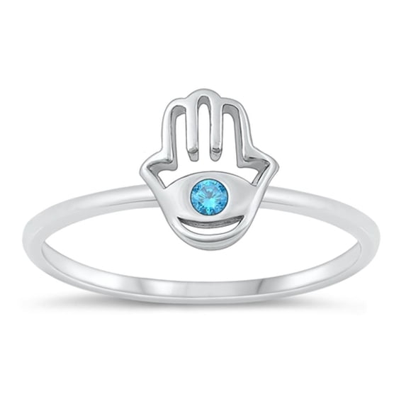 CHOOSE YOUR COLOR Blue Simulated Sapphire Hamsa Hand of God Ring .925 Sterling Silver Band CZ Female Size 7