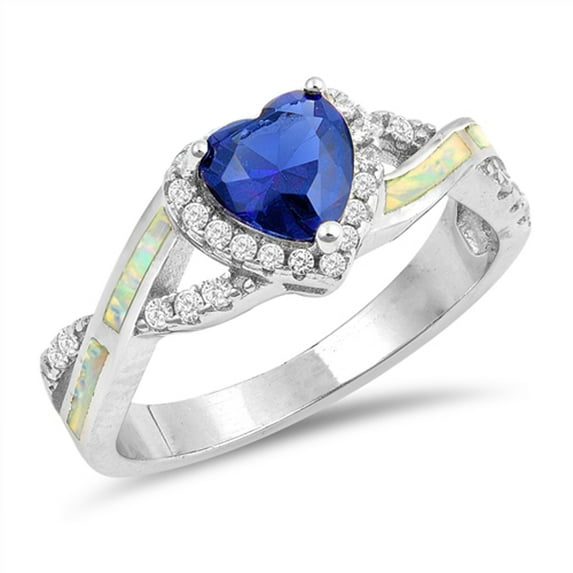 CHOOSE YOUR COLOR Blue Simulated Sapphire Heart Criss Cross Promise Ring Sterling Silver Band CZ Female Size 6