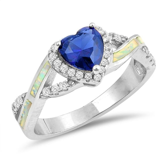 CHOOSE YOUR COLOR Blue Simulated Sapphire Heart Criss Cross Promise Ring Sterling Silver Band CZ Female Size 7
