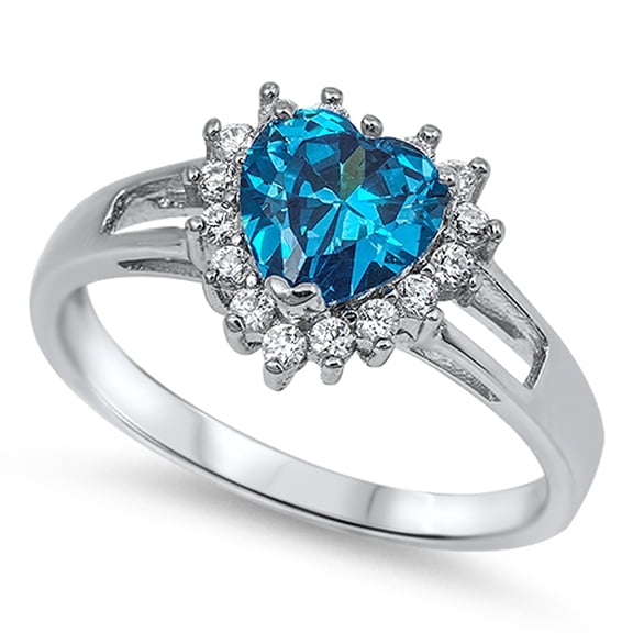 CHOOSE YOUR COLOR Blue Simulated Sapphire Heart Halo Ring .925 Sterling Silver Band CZ Female Size 5