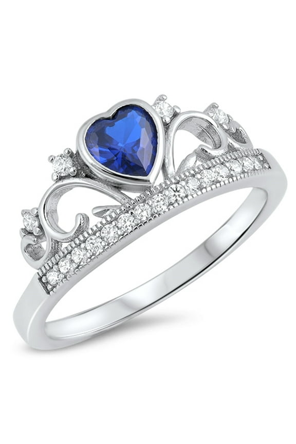 CHOOSE YOUR COLOR Blue Simulated Sapphire Heart Promise Ring Sterling Silver Tiara Crown Band CZ Female Size 10