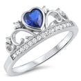 thumbnail image 1 of CHOOSE YOUR COLOR Blue Simulated Sapphire Heart Promise Ring Sterling Silver Tiara Crown Band CZ Female Size 9, 1 of 1