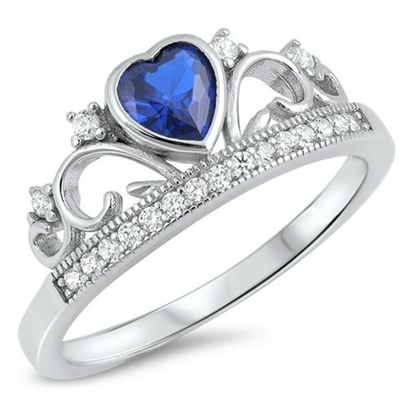 CHOOSE YOUR COLOR Blue Simulated Sapphire Heart Promise Ring Sterling Silver Tiara Crown Band CZ Female Size 9