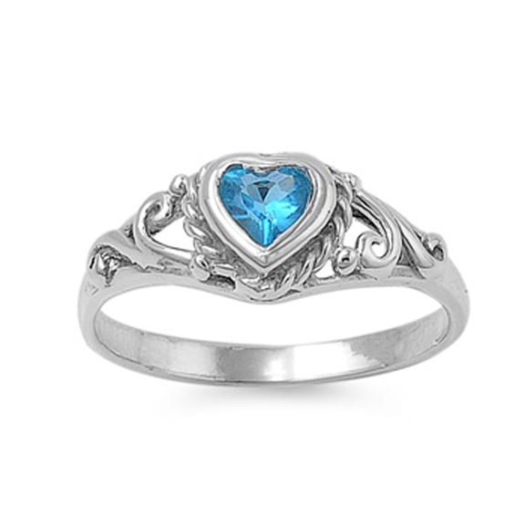 CHOOSE YOUR COLOR Blue Simulated Sapphire Heart Swirl Ring .925 Sterling Silver Band CZ Female Size 5