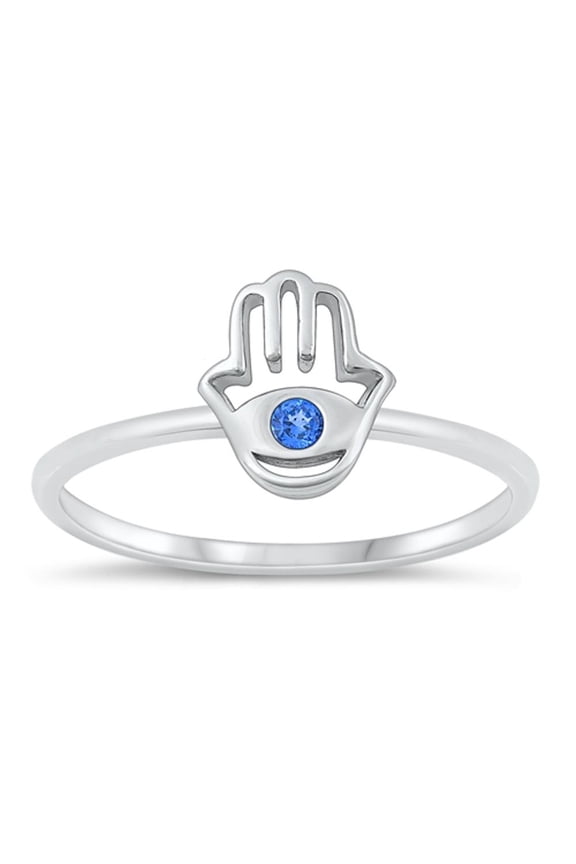CHOOSE YOUR COLOR Blue Simulated Sapphire Promise Ring 925 Sterling Silver Hamsa Band CZ Female Size 4