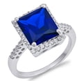 thumbnail image 1 of CHOOSE YOUR COLOR Blue Simulated Sapphire Rectangle Pave Halo Ring .925 Sterling Silver Band CZ Female Size 8, 1 of 4