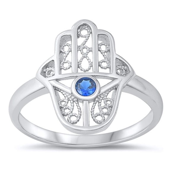 CHOOSE YOUR COLOR Blue Simulated Sapphire Ring .925 Sterling Silver Hamsa Band CZ Female Size 6