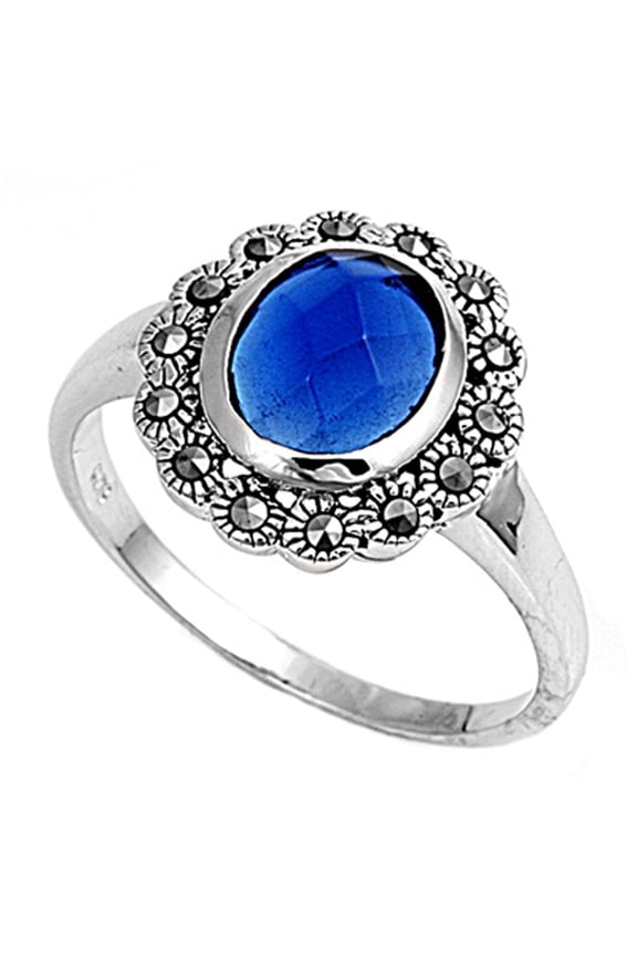 CHOOSE YOUR COLOR Blue Simulated Sapphire Solitaire Flower Ring .925 Sterling Silver Band CZ Female Size 7