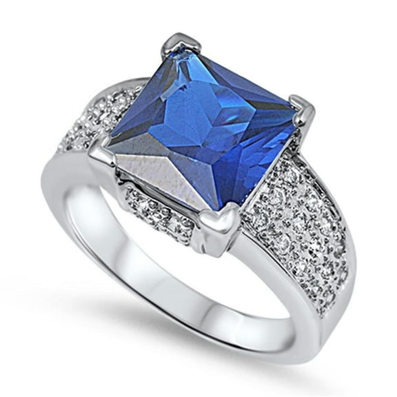 CHOOSE YOUR COLOR Blue Simulated Sapphire Square Solitaire Sparkle Ring Sterling Silver Band CZ Female Size 8