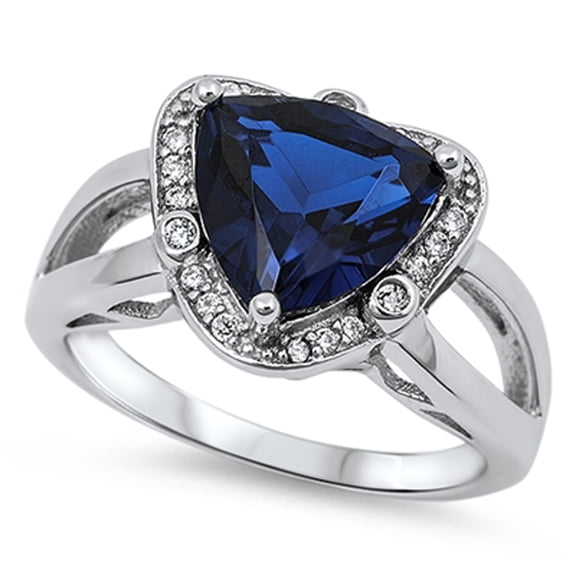 CHOOSE YOUR COLOR Blue Simulated Sapphire Trillion Halo Engagement Ring Sterling Silver Band CZ Female Size 5