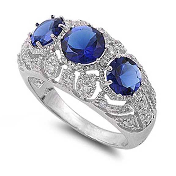CHOOSE YOUR COLOR Blue Simulated Sapphire Vintage Round Filigree Ring Sterling Silver Band CZ Female Size 9